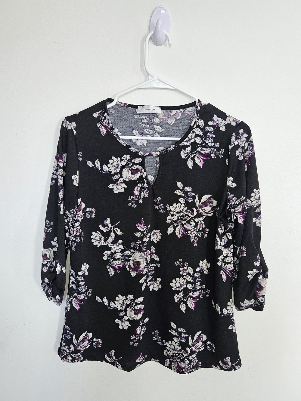MANDEE Floral Print Blouse 3/4 Sleeve Black Purple White Small Made in Canada🔥
